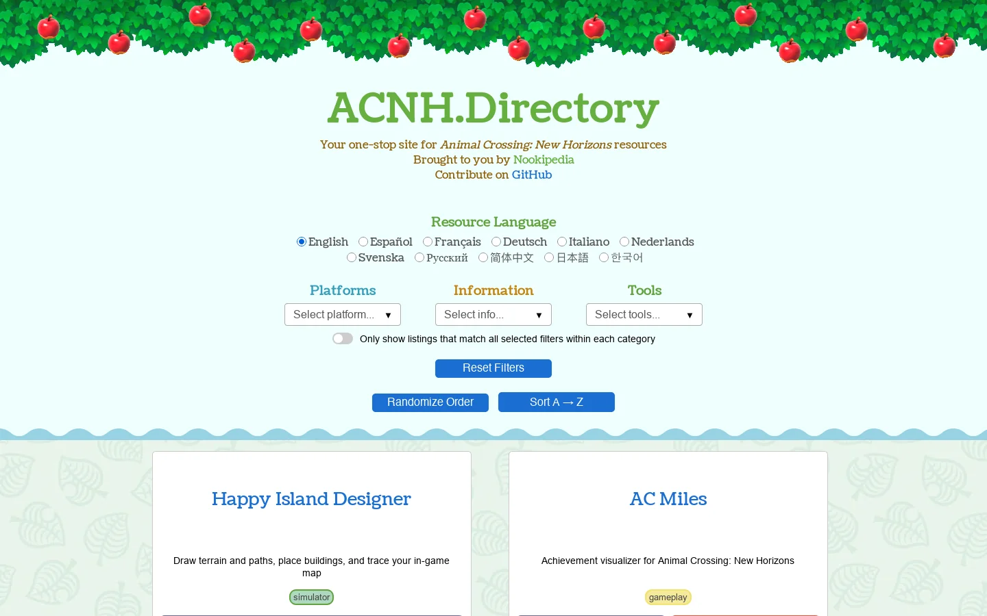 ACNH.Directory Homepage screenshot