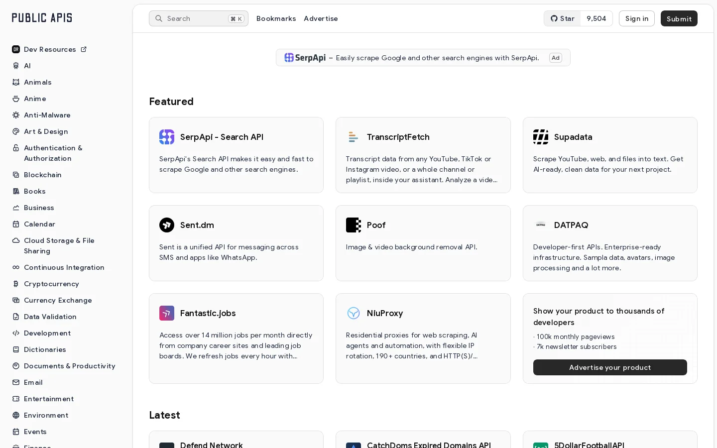 A Collaborative List Of 1400+ Public APIs For Developers Homepage screenshot