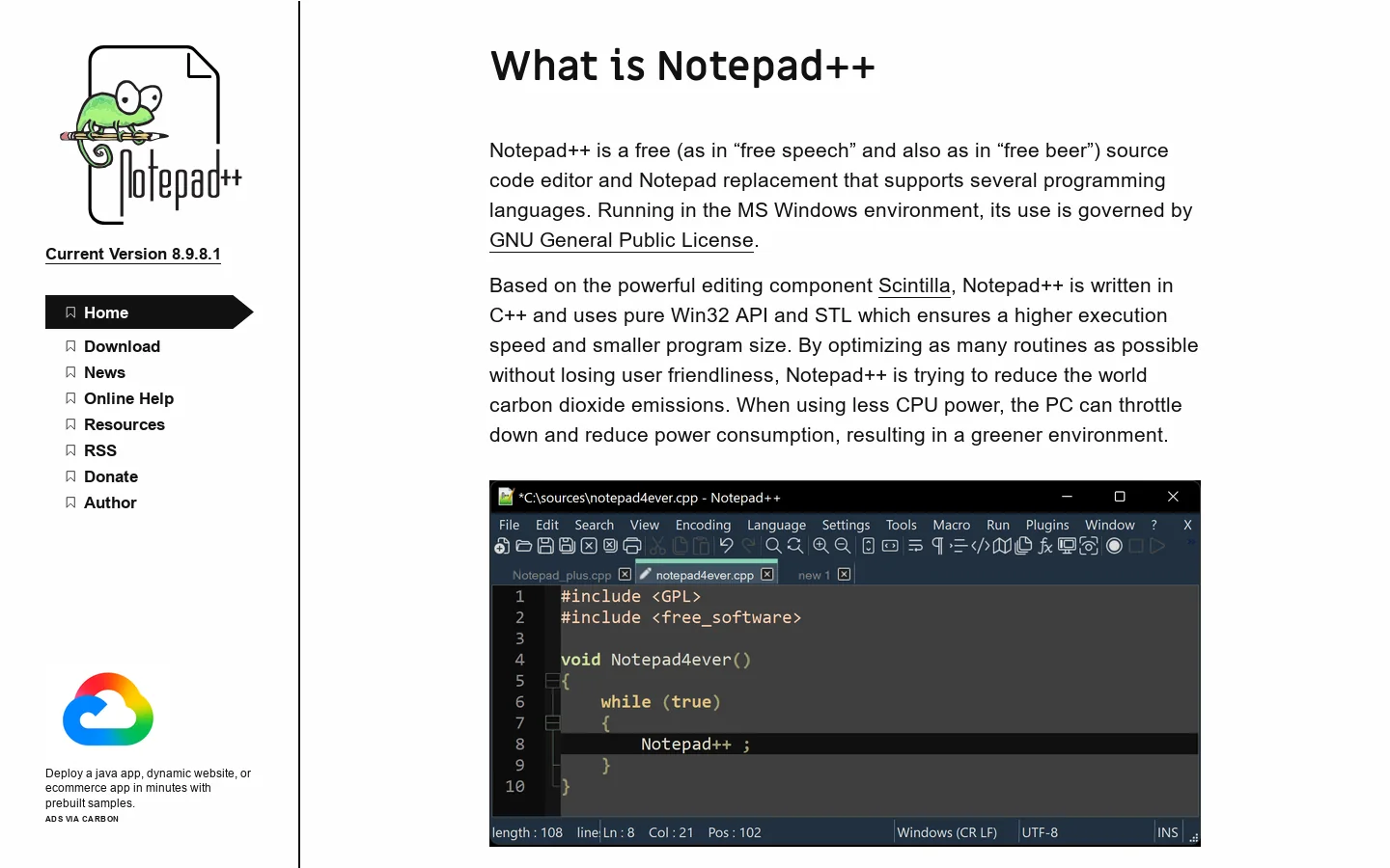 Notepad++ Homepage screenshot