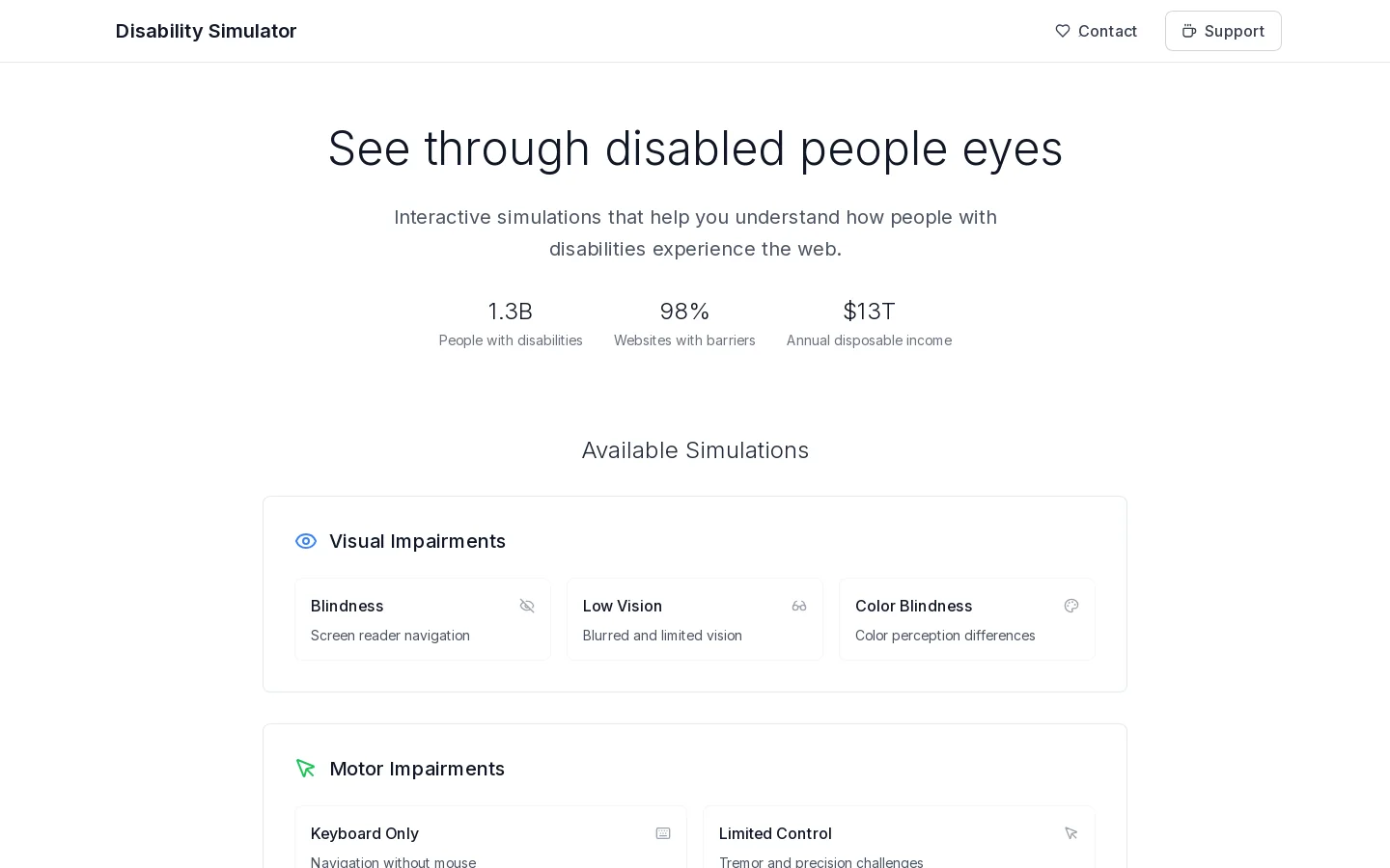 Disability Simulator Homepage screenshot