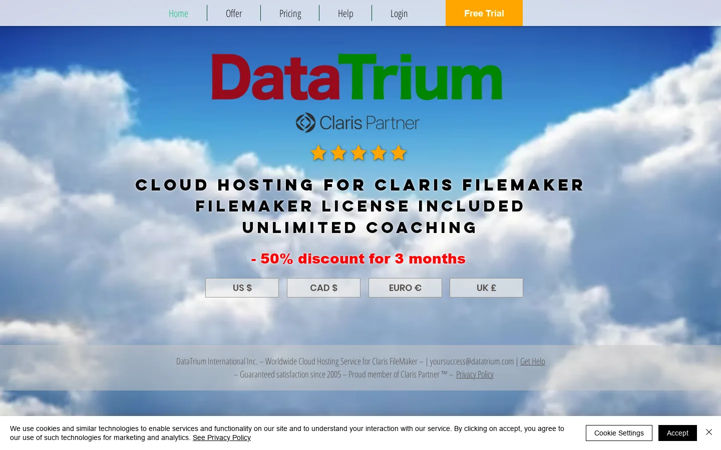 DataTrium Claris FileMaker Cloud Hosting Homepage screenshot