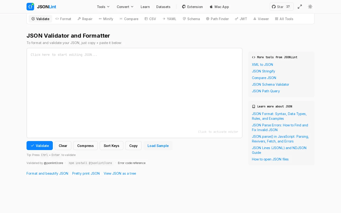 JSONLint Homepage screenshot