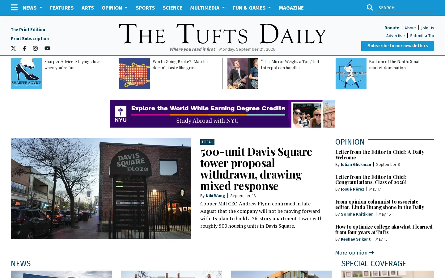 The Tufts Daily Homepage screenshot