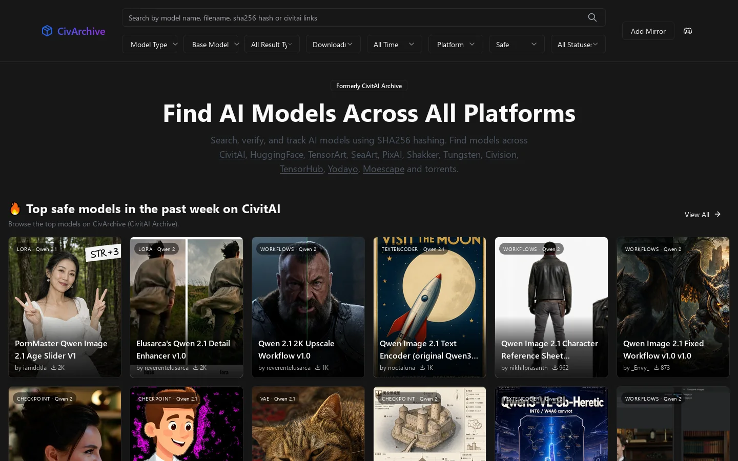 CivArchive (CivitAI Archive) Homepage screenshot