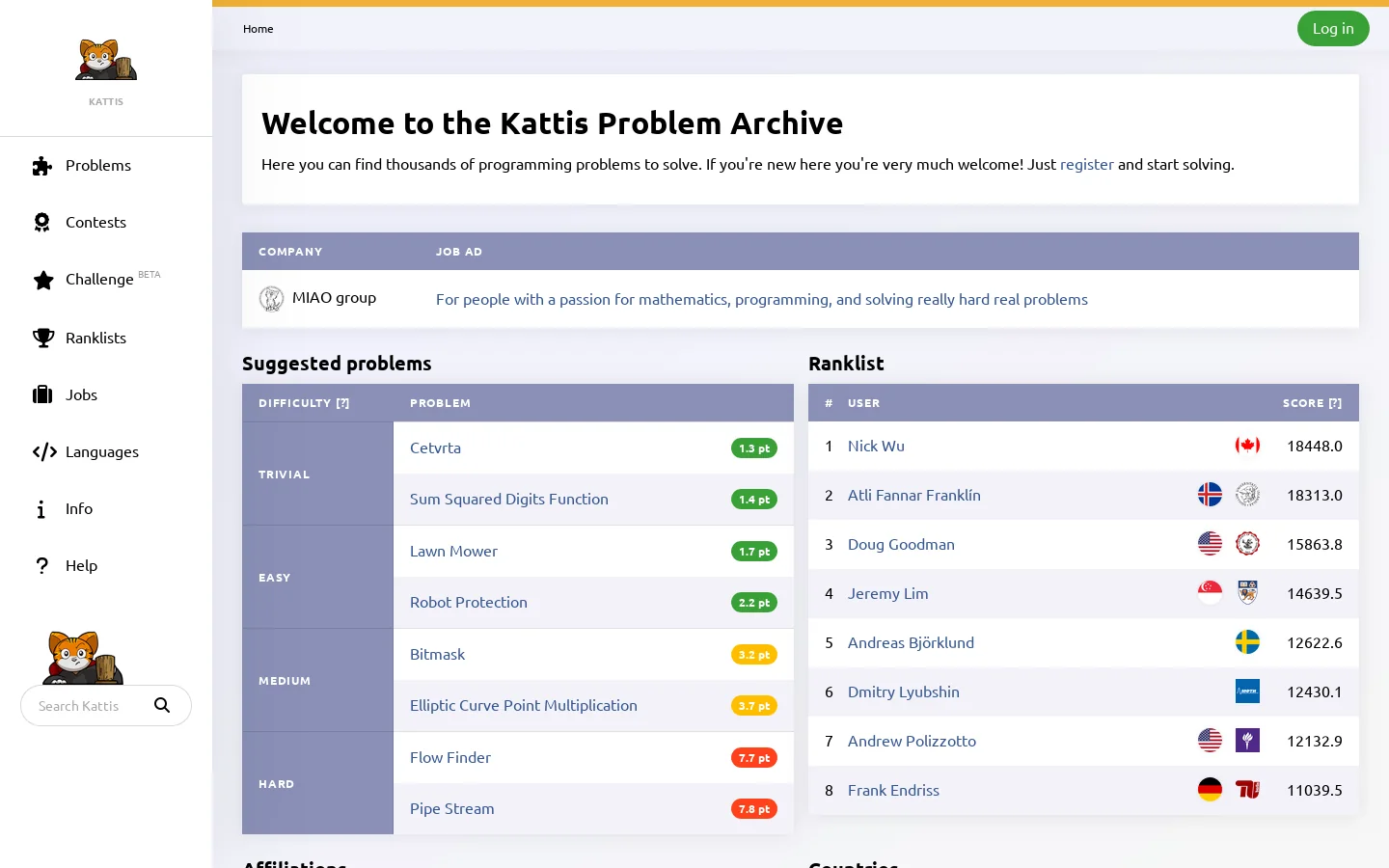 Kattis, Kattis Homepage screenshot
