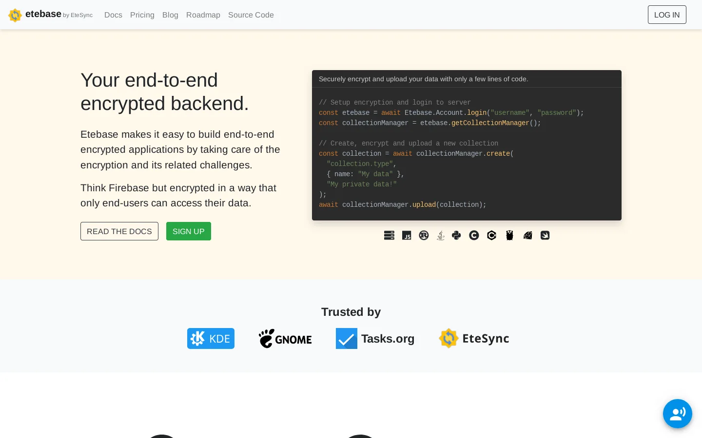 Etebase Homepage screenshot