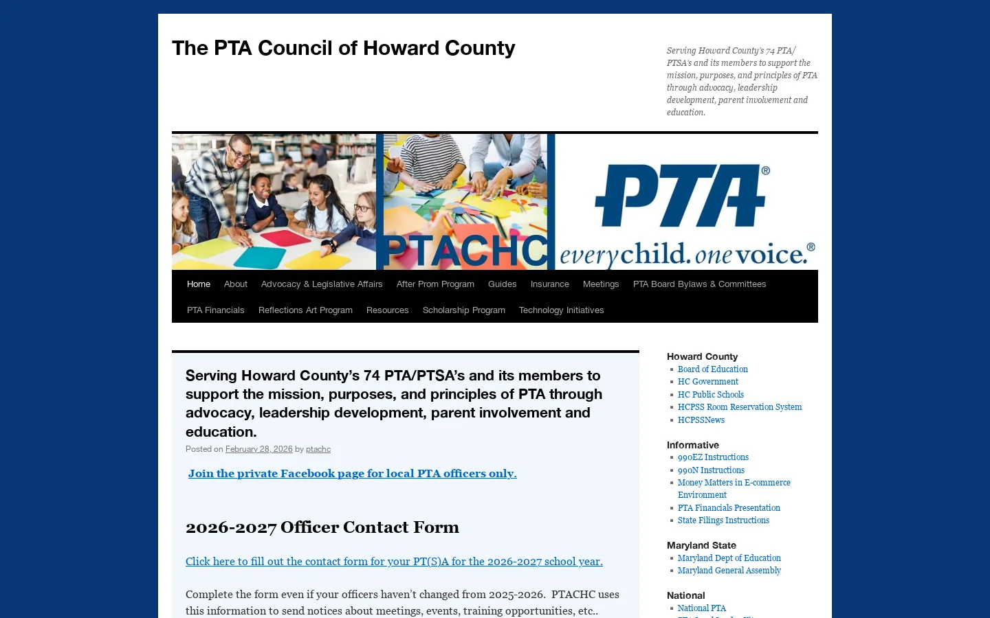 The PTA Council of Howard County | Serving Howard County’s 74 PTA/PTSA’s and its members to support the mission, purposes, and principles of PTA through advocacy, leadership development, parent involvement and education. Homepage screenshot