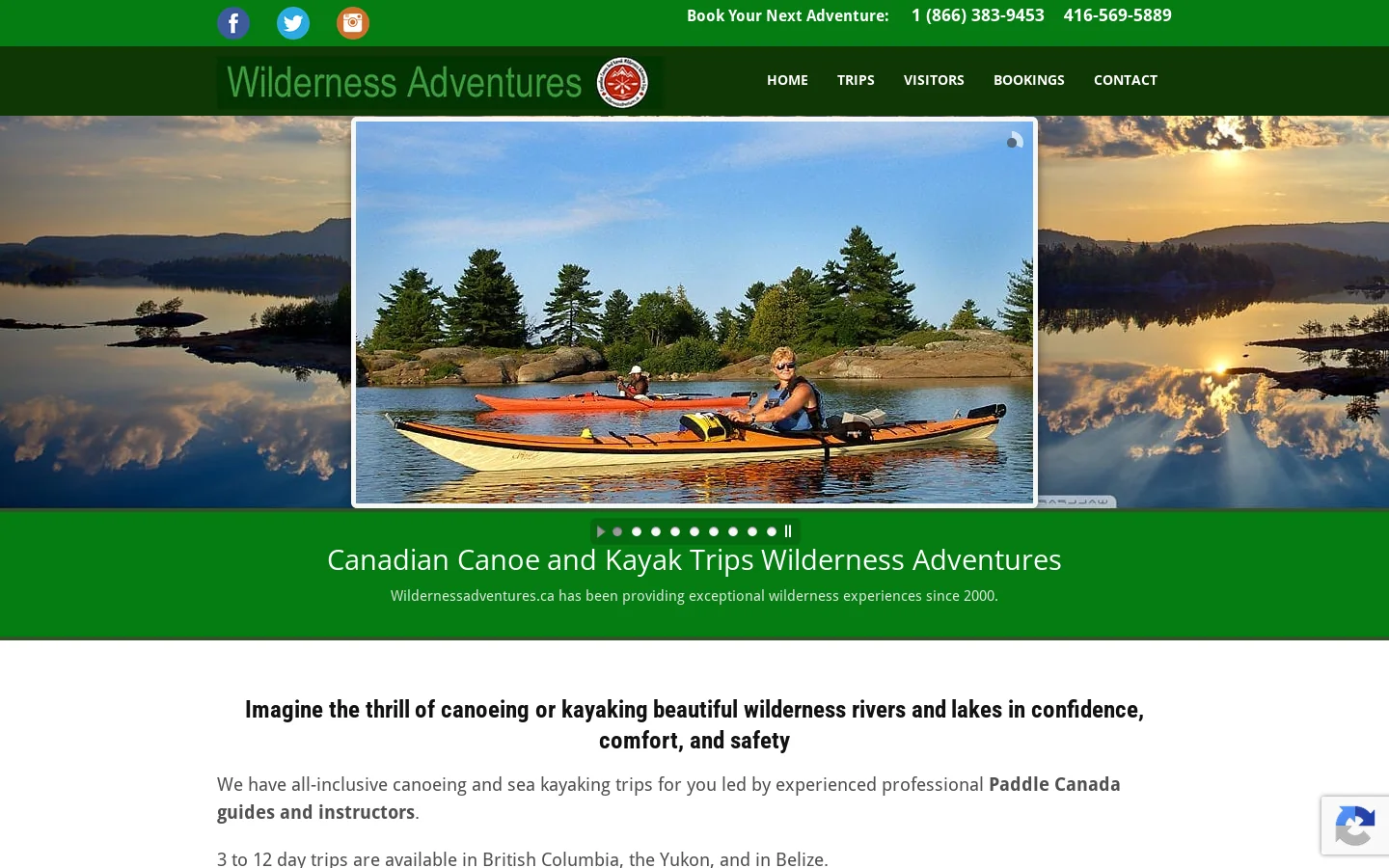 Canadian Wilderness Adventures with Canoes, Kayaks or Hiking Homepage screenshot