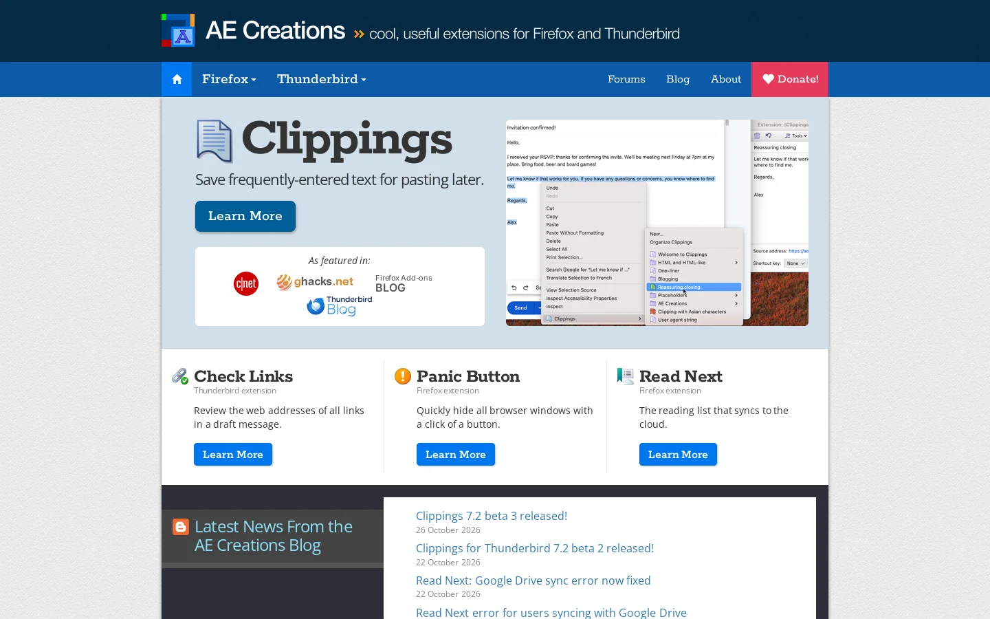 AE Creations » Cool, useful extensions for Firefox and Thunderbird Homepage screenshot