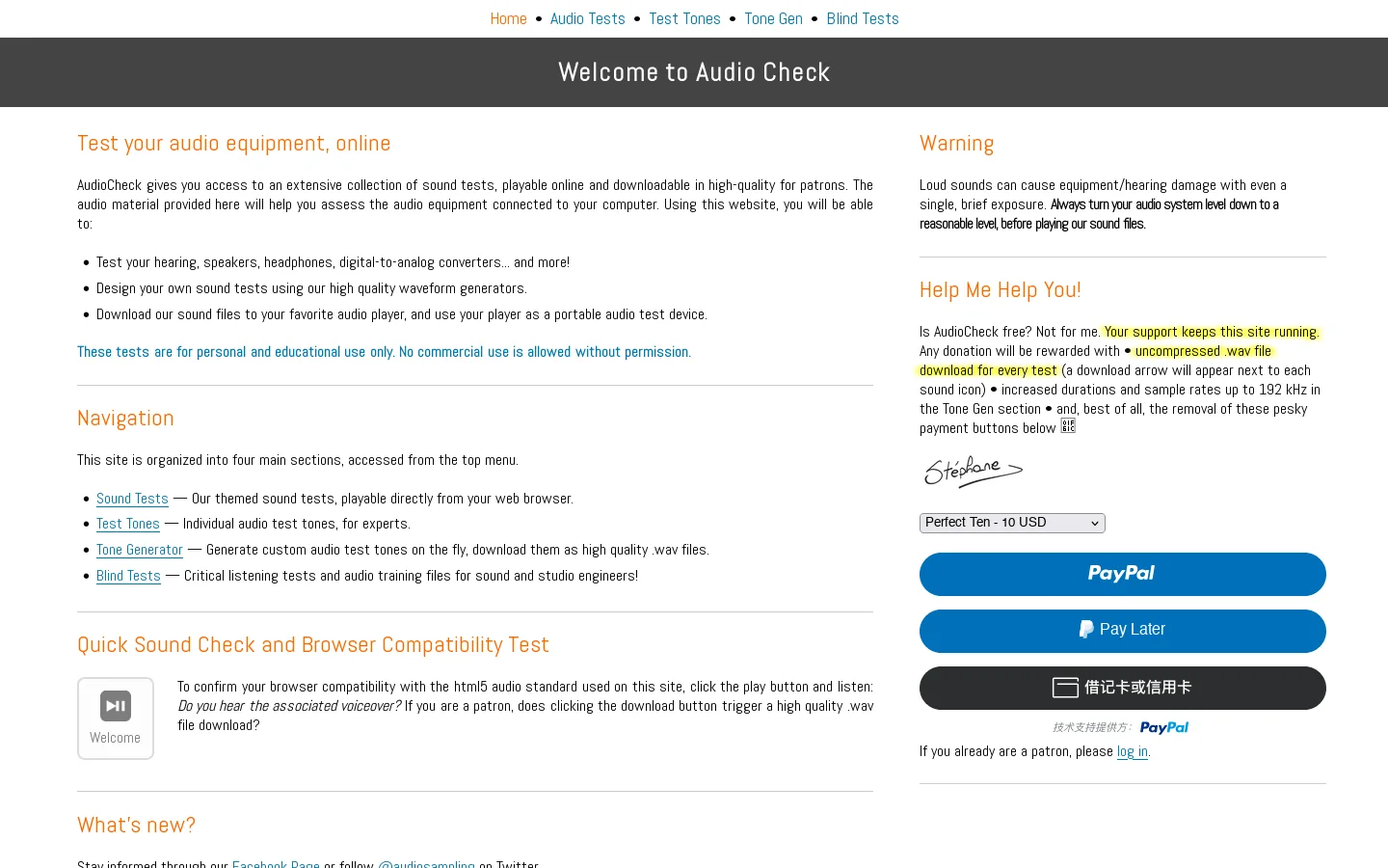 Free Online Audio Tests, Test Tones and Tone Generators Homepage screenshot