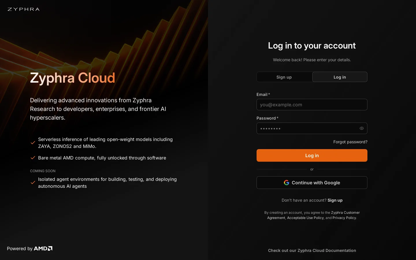 Zyphra Cloud Homepage screenshot