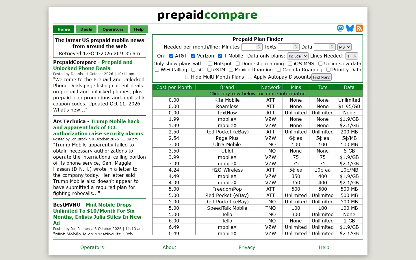 PrepaidCompare Homepage screenshot