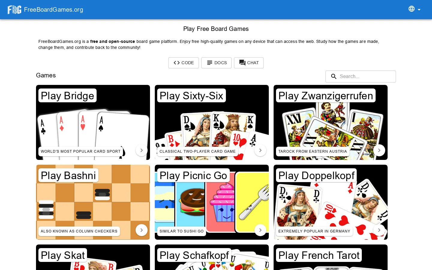 FreeBoardGames.org Homepage screenshot
