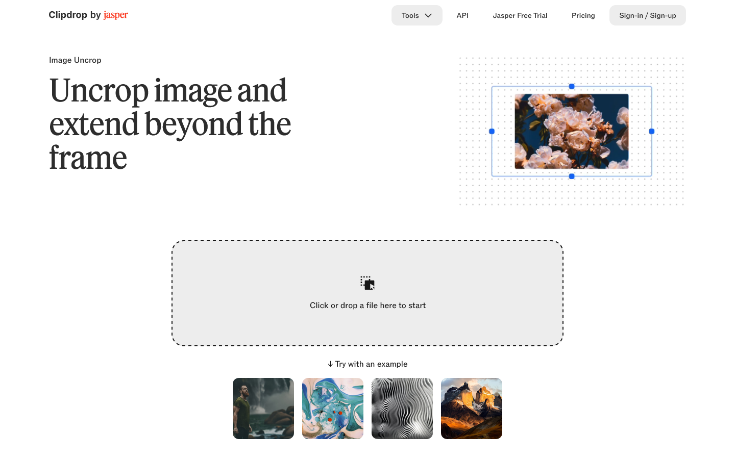 Create stunning visuals in seconds with AI. Homepage screenshot