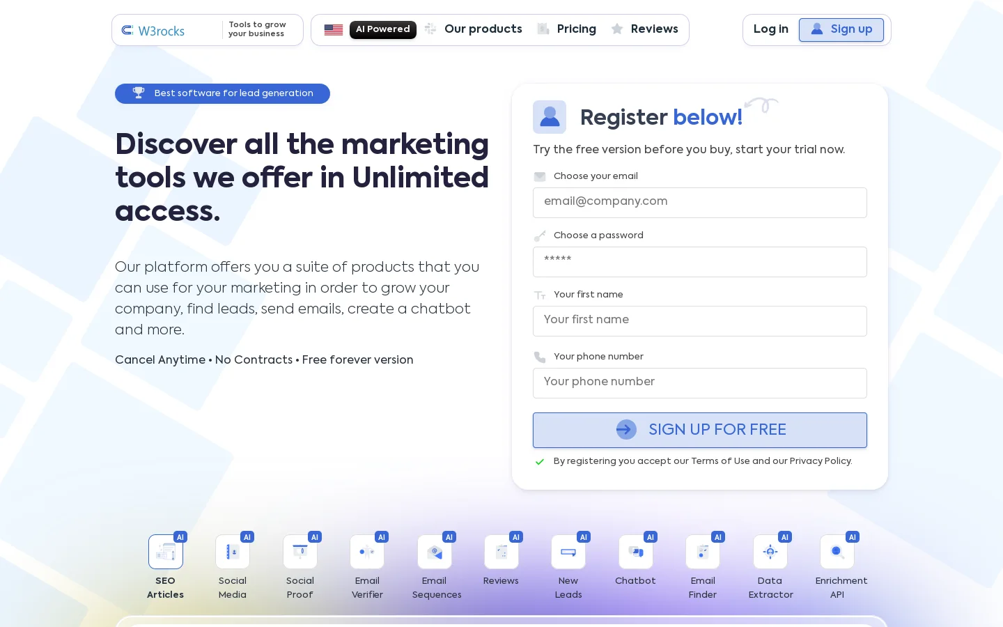 Discover all the marketing tools we offer in Unlimited access. - W3rocks Homepage screenshot
