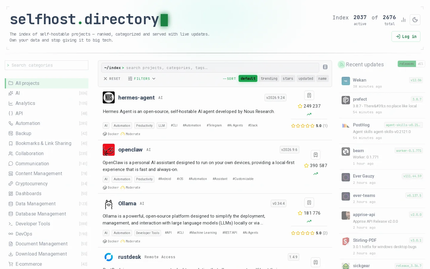 selfhost.directory Homepage screenshot