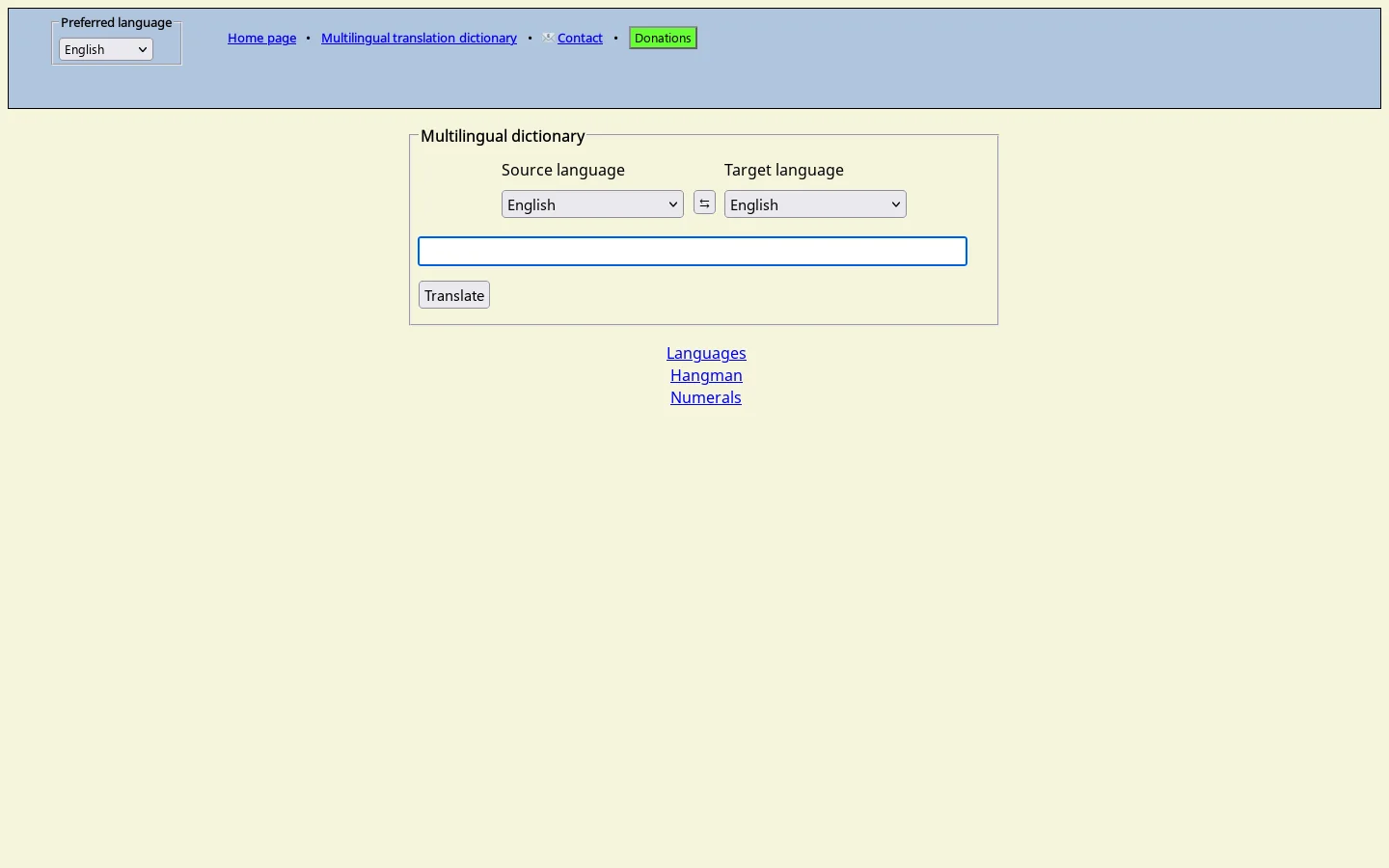 On-line translation dictionary Homepage screenshot