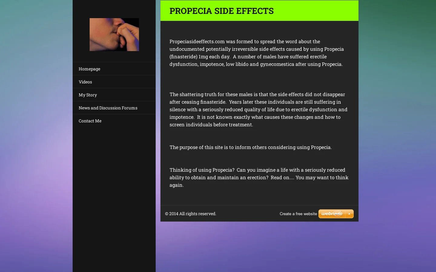 Propecia Side Effects Homepage screenshot