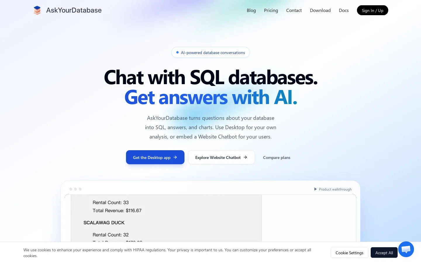 AskYourDatabase Homepage screenshot