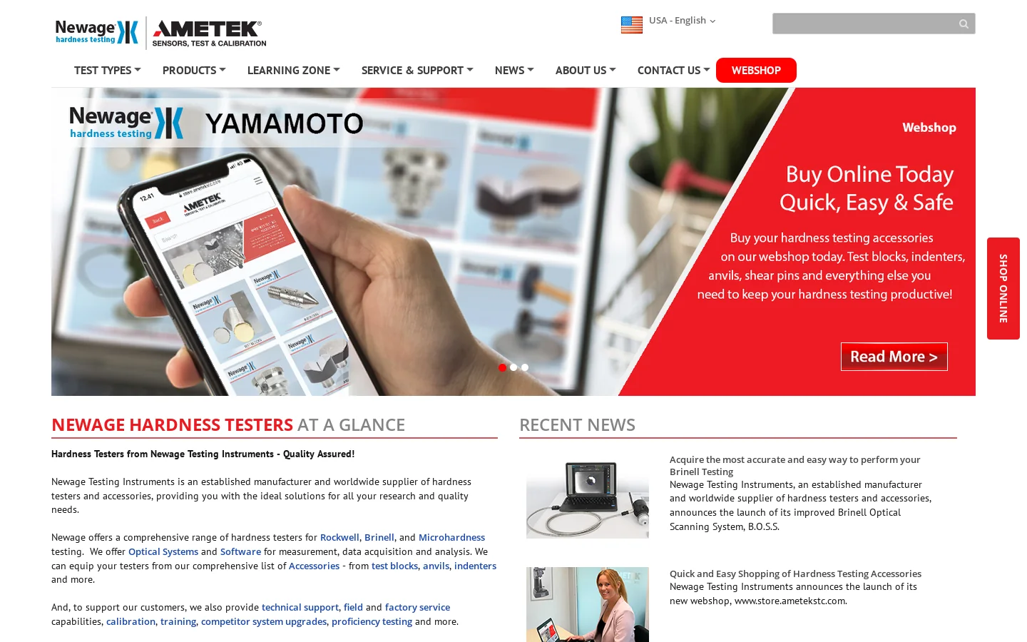 NEWAGE Hardness Testers - Rockwell Testers, Brinell Testers, Microhardness Testers, Optical Systems and Hardness Testing Software. Homepage screenshot