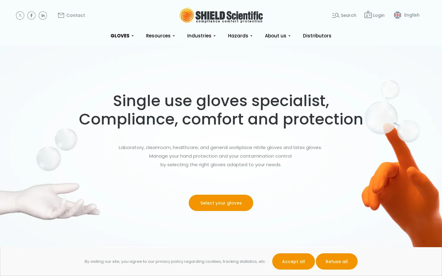 SHIELD Scientific manufacturer of latex and nitrile gloves Homepage screenshot