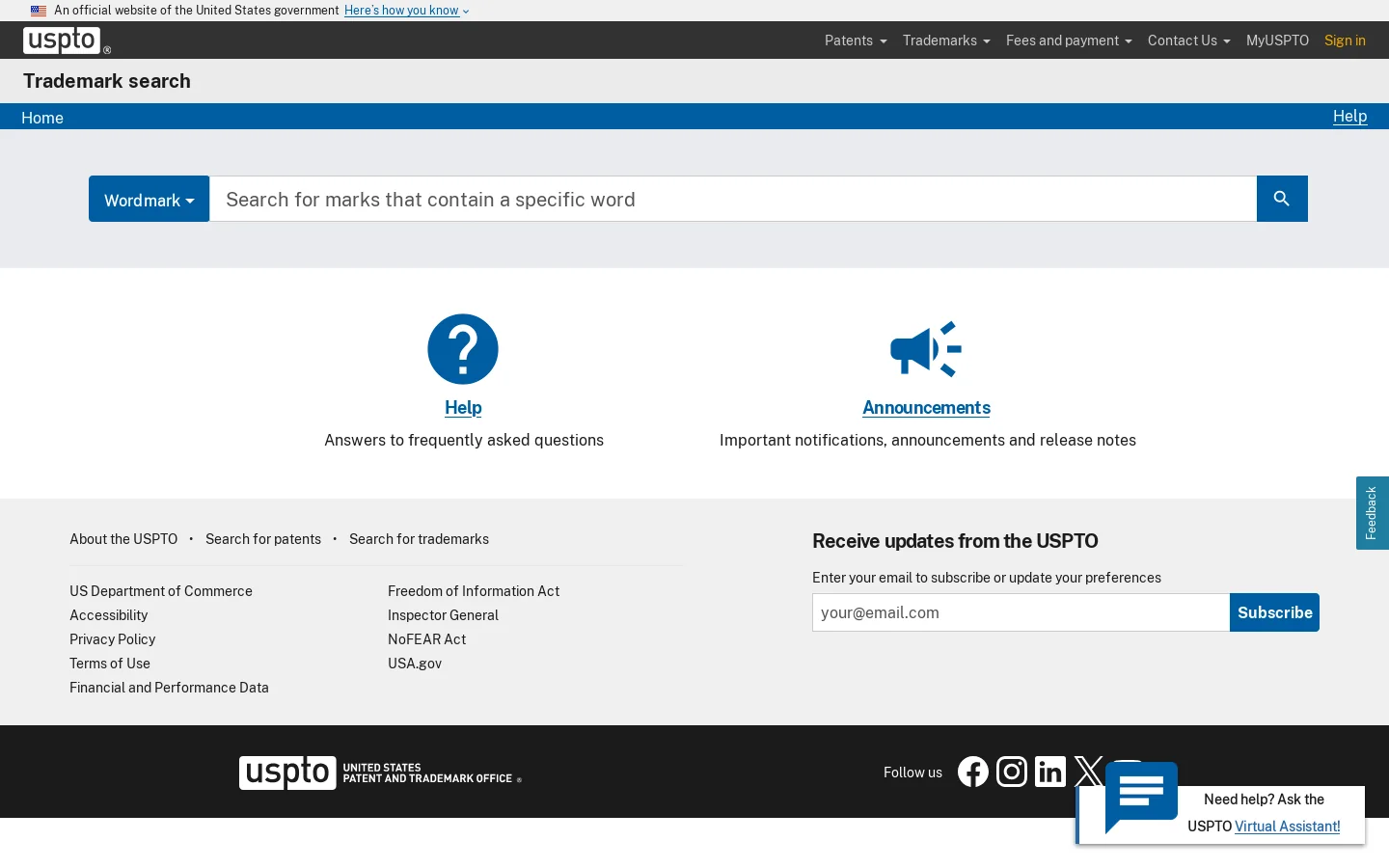 Trademark search Homepage screenshot