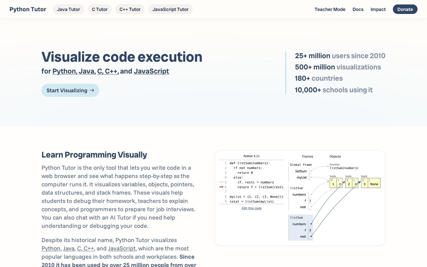 Python Tutor Homepage screenshot