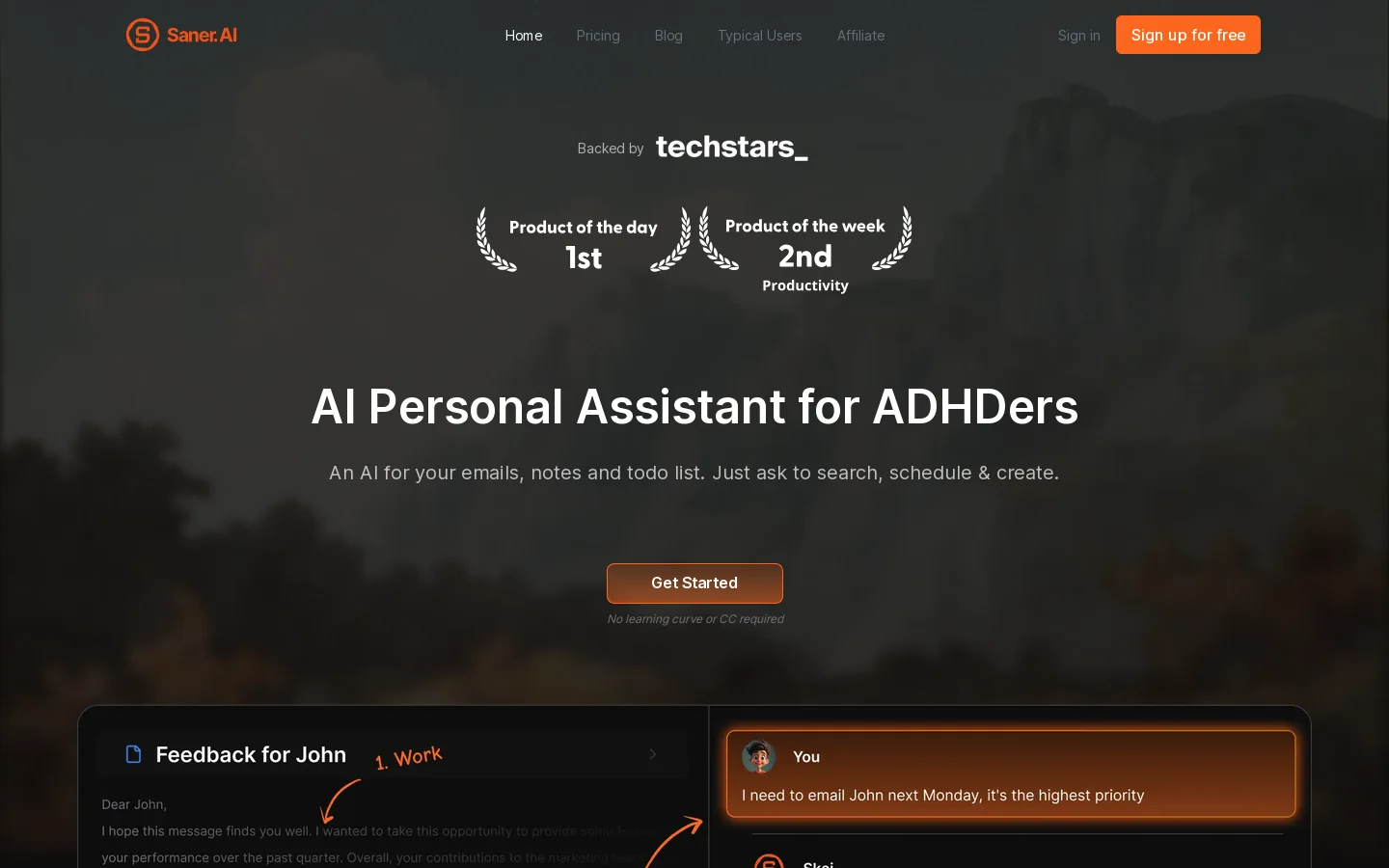 Saner.AI Homepage screenshot