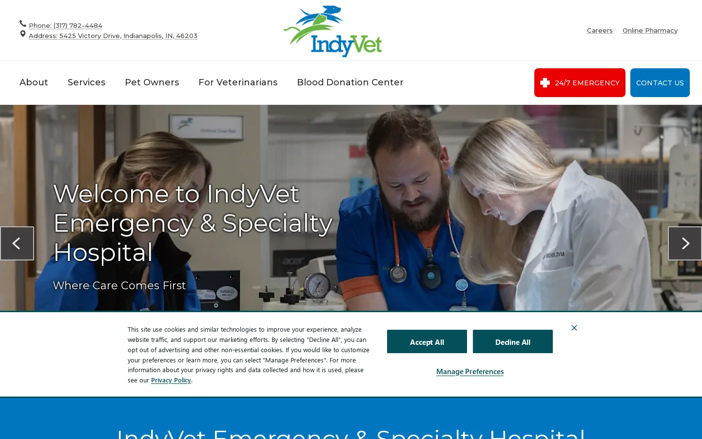 IndyVet Emergency & Specialty Hospital Homepage screenshot