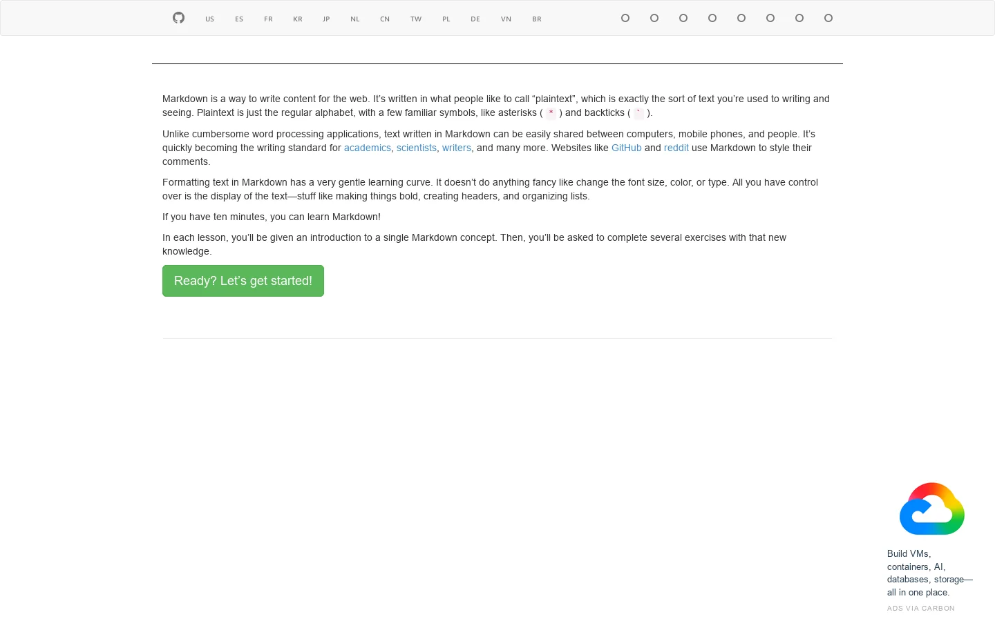 Markdown Tutorial Homepage screenshot