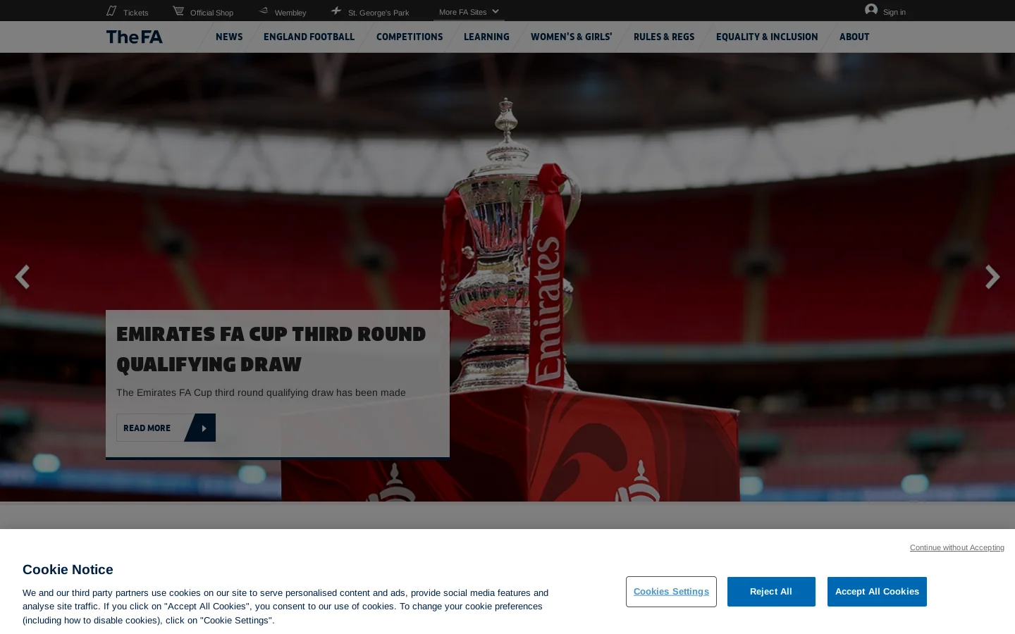 The website for the English Football Association, Emirates FA Cup and England football team Homepage screenshot