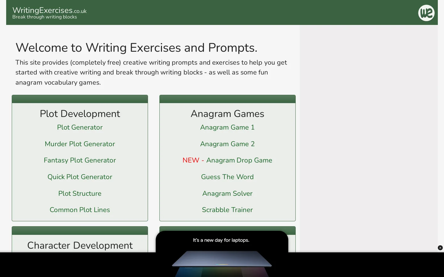 Creative Writing Exercises and Prompts Homepage screenshot