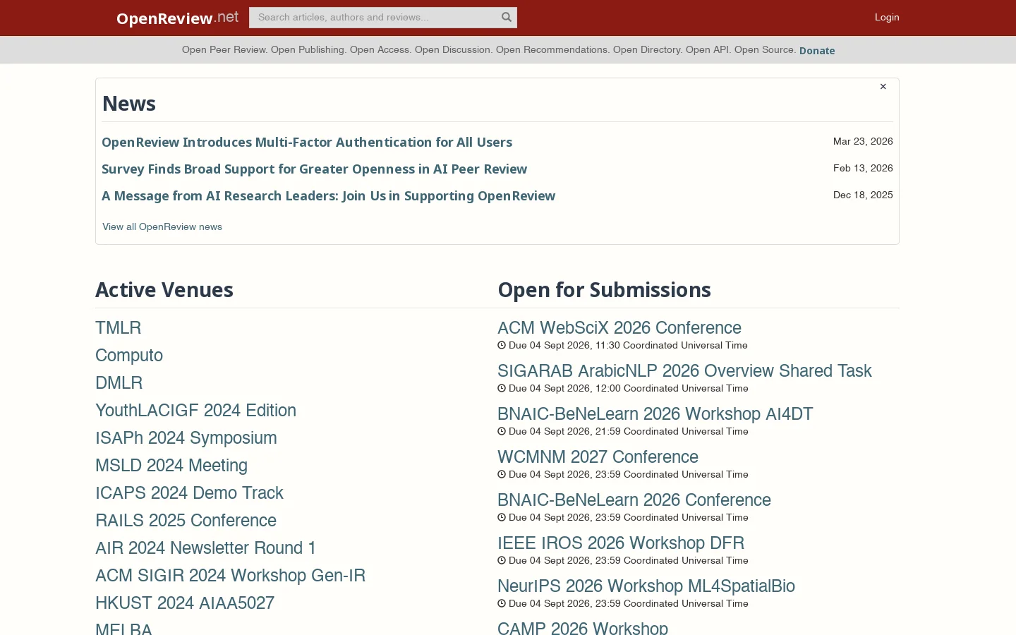 OpenReview Homepage screenshot