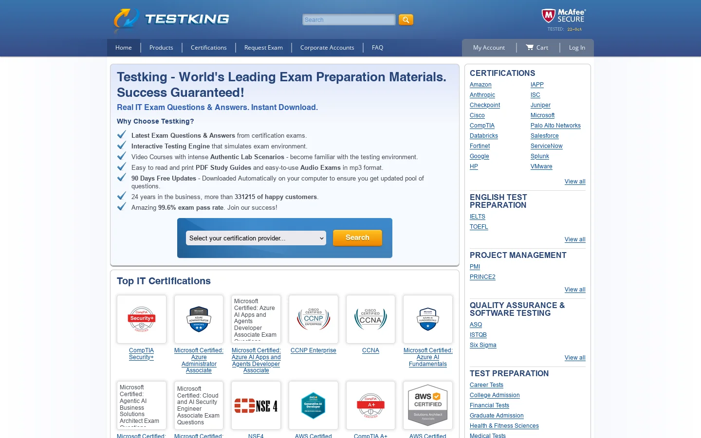 Testking Homepage screenshot