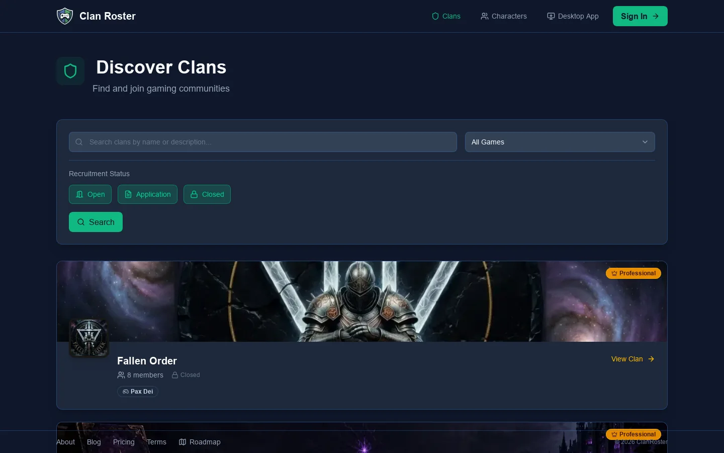 Browse Gaming Clans - Find Your Community Homepage screenshot