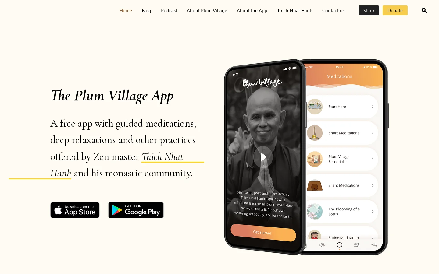 Plum Village Mobile App Homepage screenshot