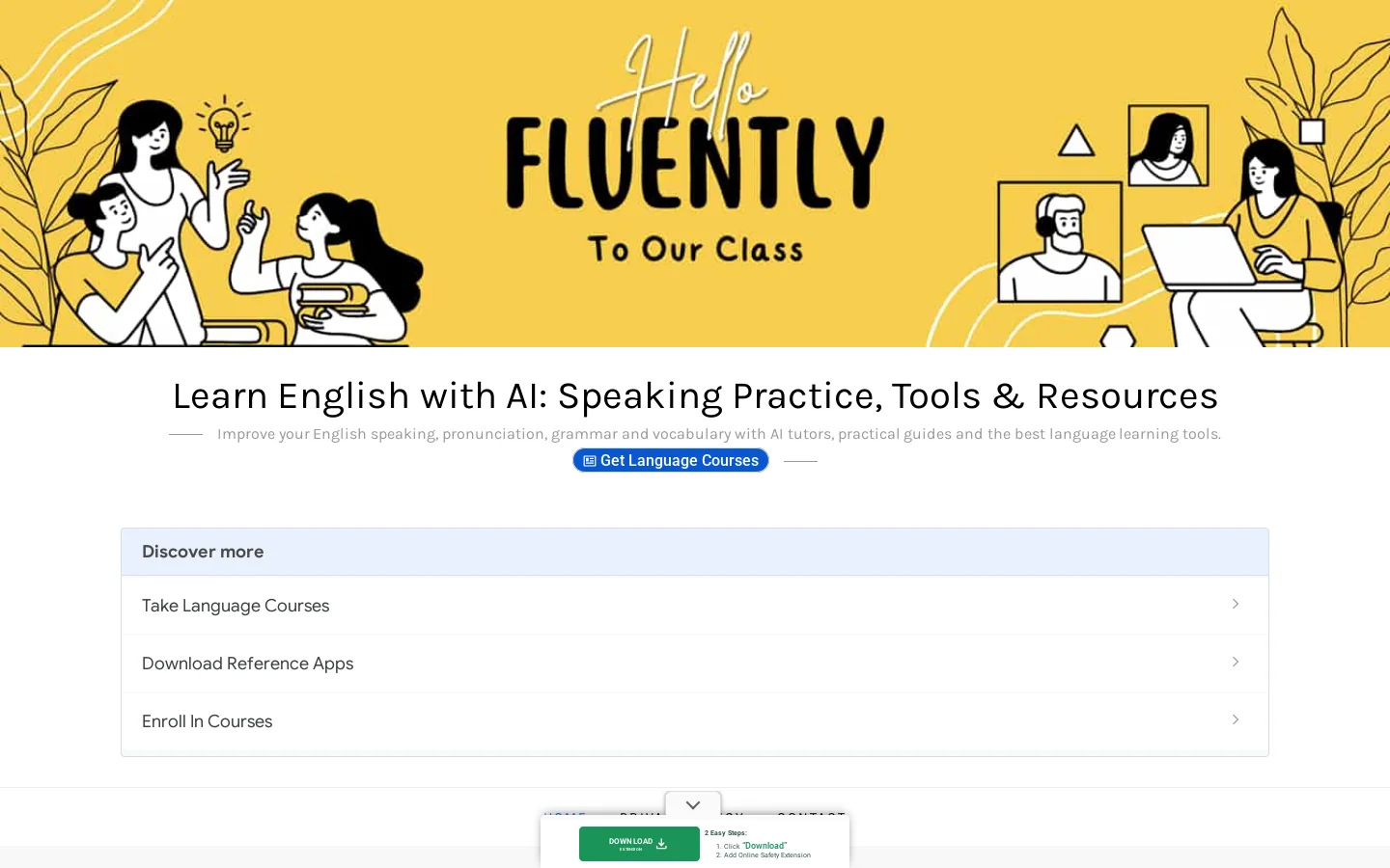 Learn English with AI: Speaking Practice, Tools & Resources – Improve your English speaking, pronunciation, grammar and vocabulary with AI tutors, practical guides and the best language learning tools. Homepage screenshot