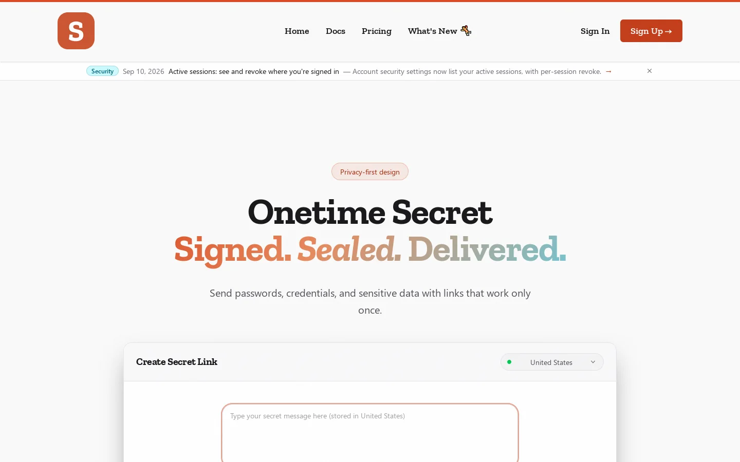 Onetime Secret Homepage screenshot