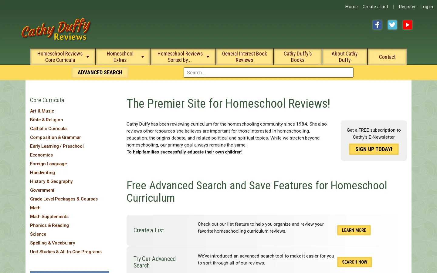 Cathy Duffy Homeschool Curriculum Reviews Homepage screenshot