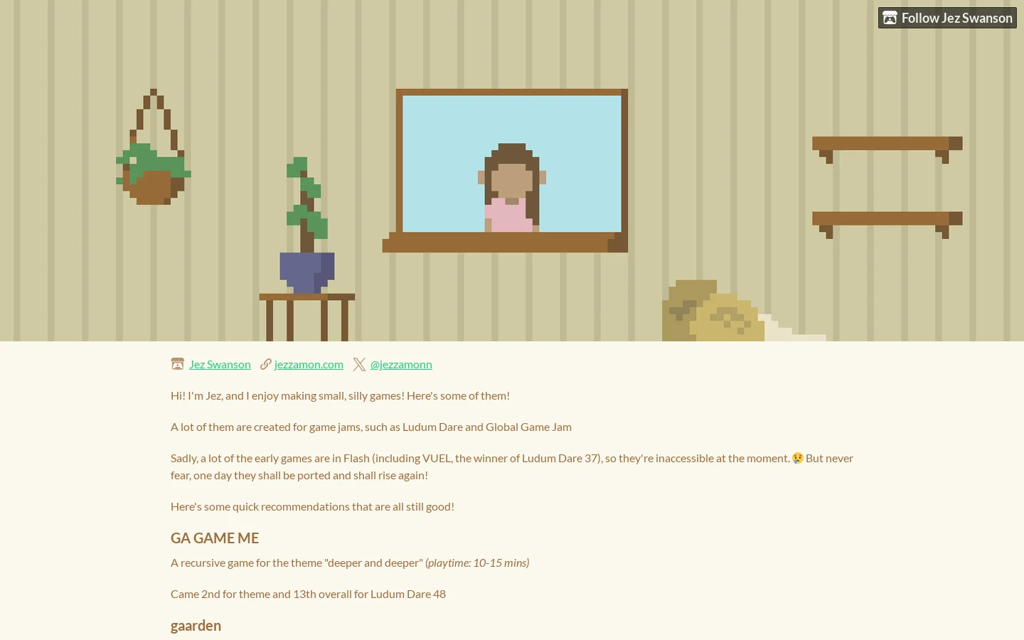 Jez Swanson - itch.io Homepage screenshot
