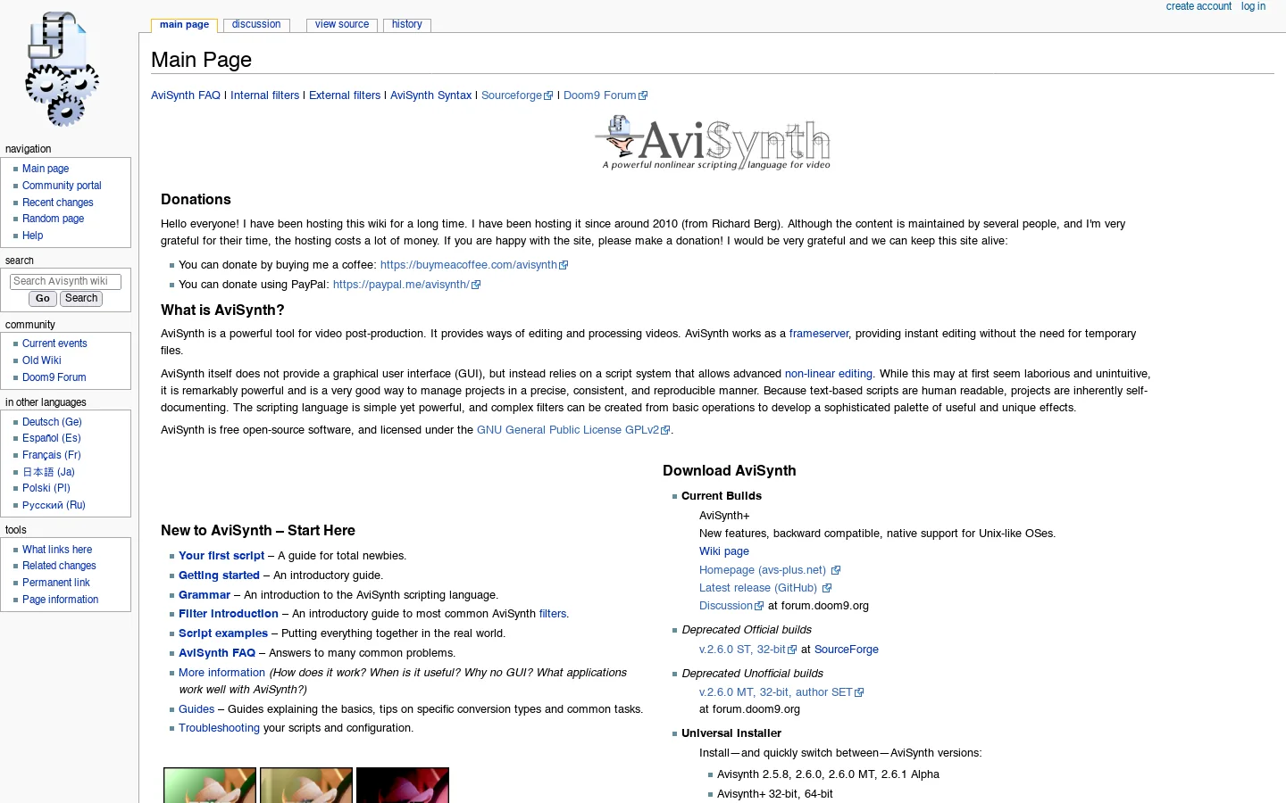 Avisynth wiki Homepage screenshot