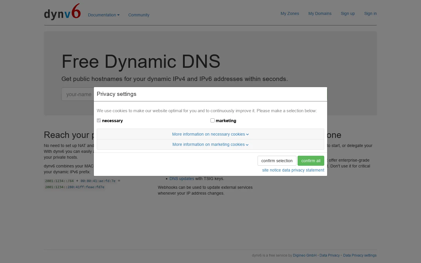 Free dynamic DNS for IPv6 Homepage screenshot