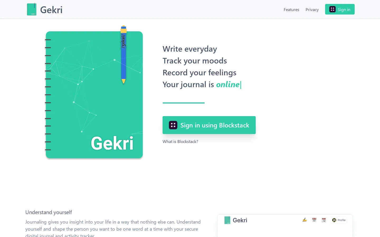 Gekri, your privacy-focused online journal Homepage screenshot
