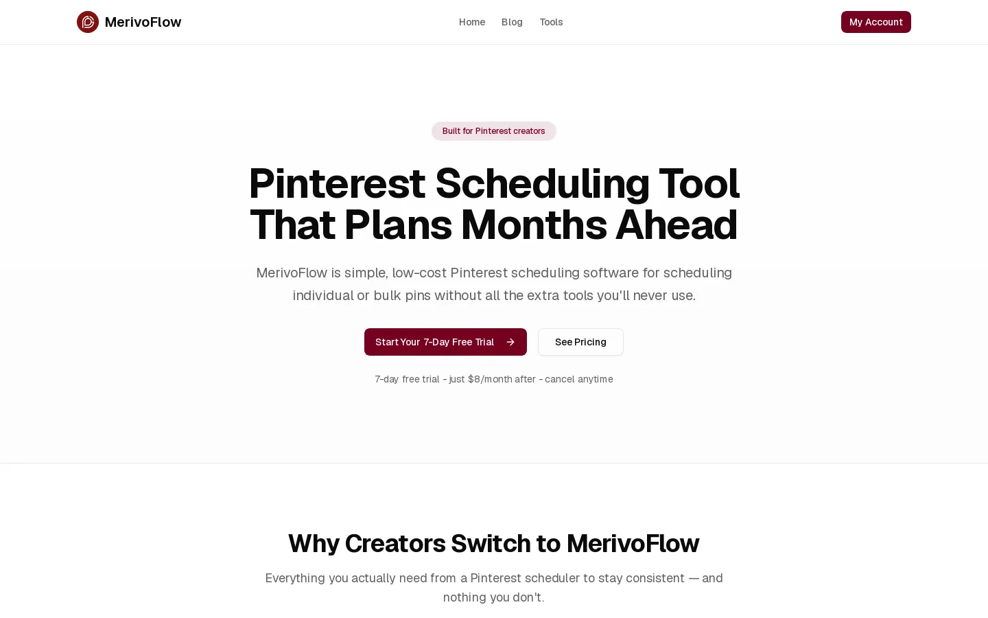 Pinterest Scheduling Tool | Schedule Pins with MerivoFlow Homepage screenshot