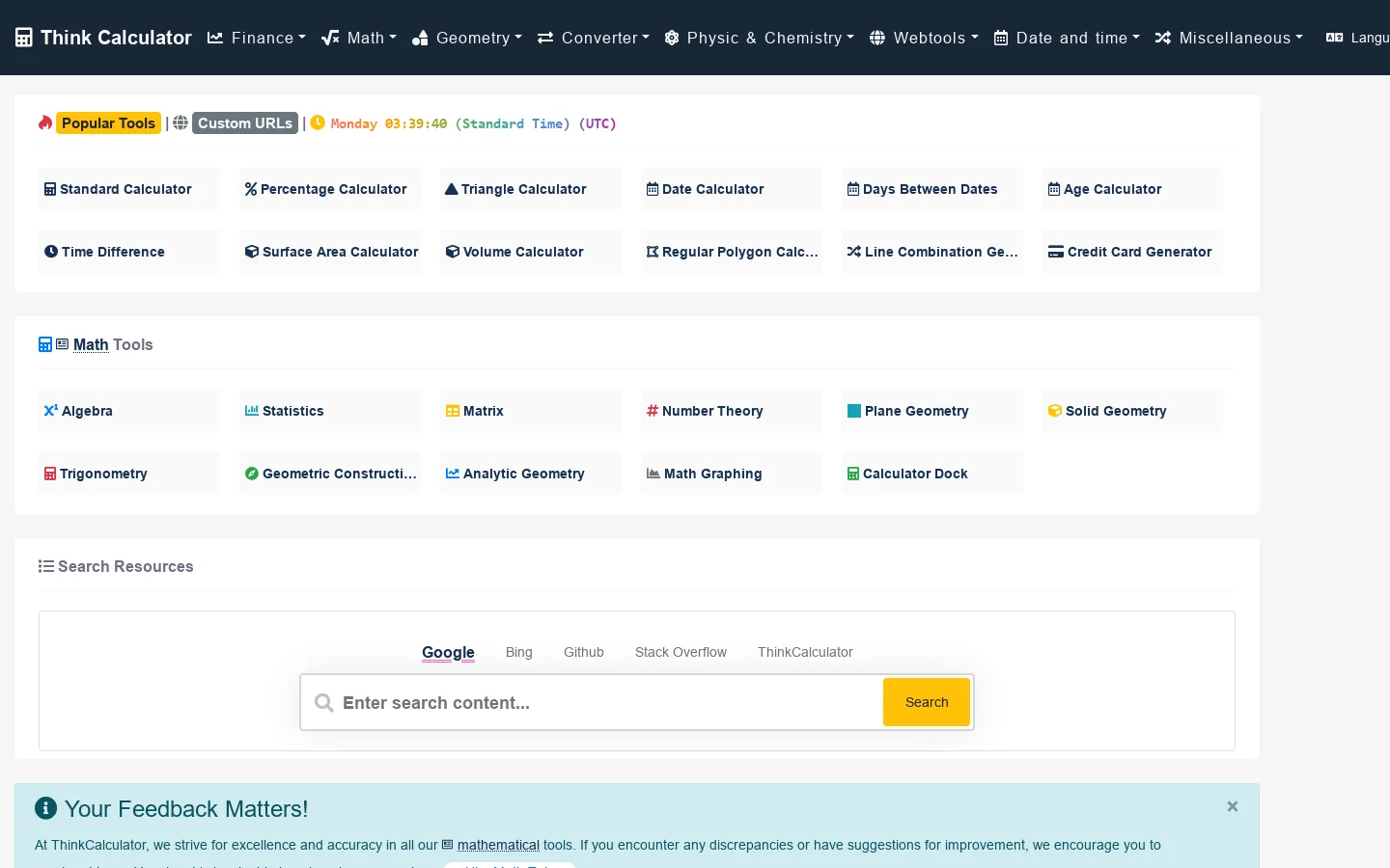 Free Online Calculator - Math Tools & Conversions Homepage screenshot