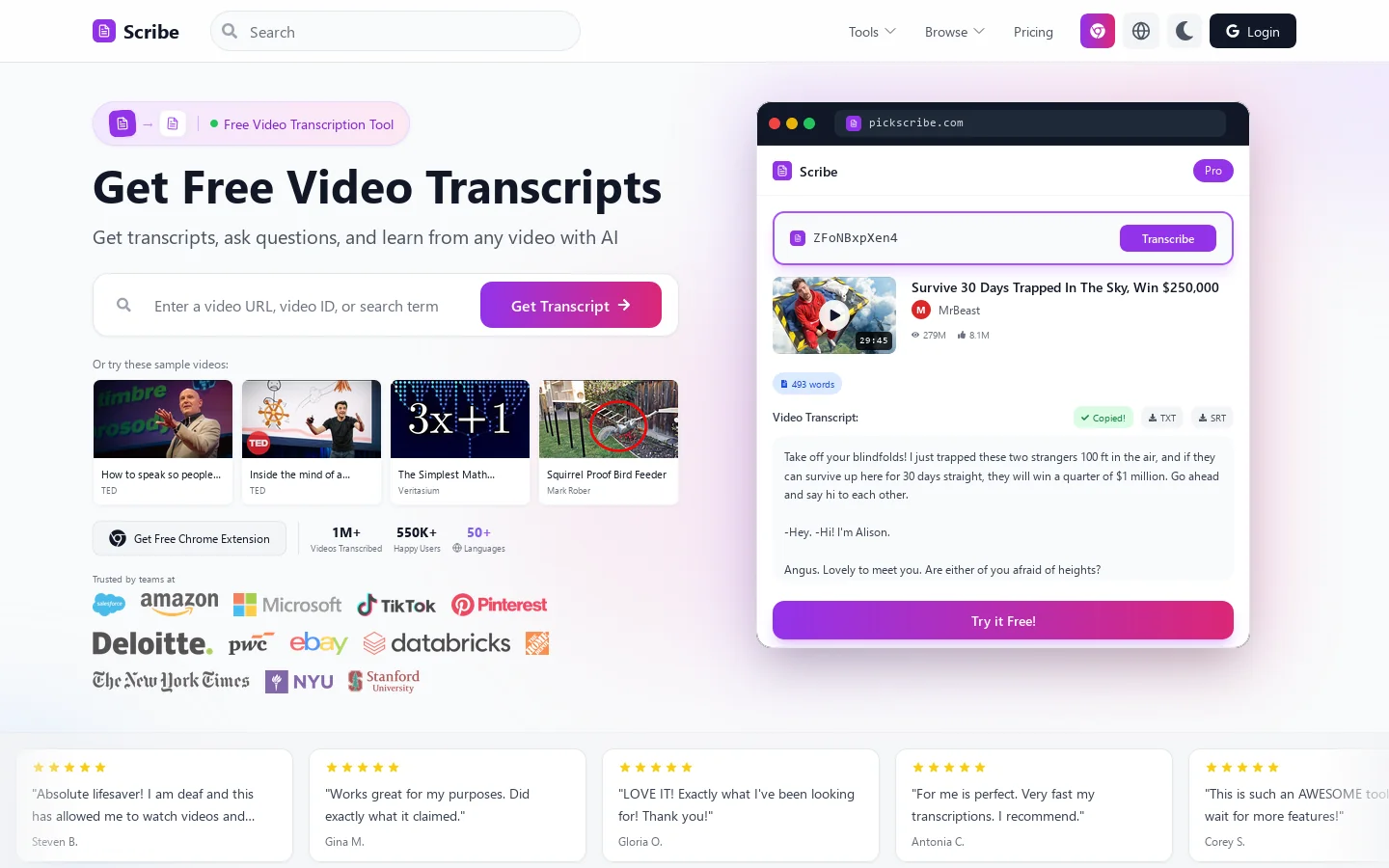 Free Video Transcripts - Scribe Homepage screenshot