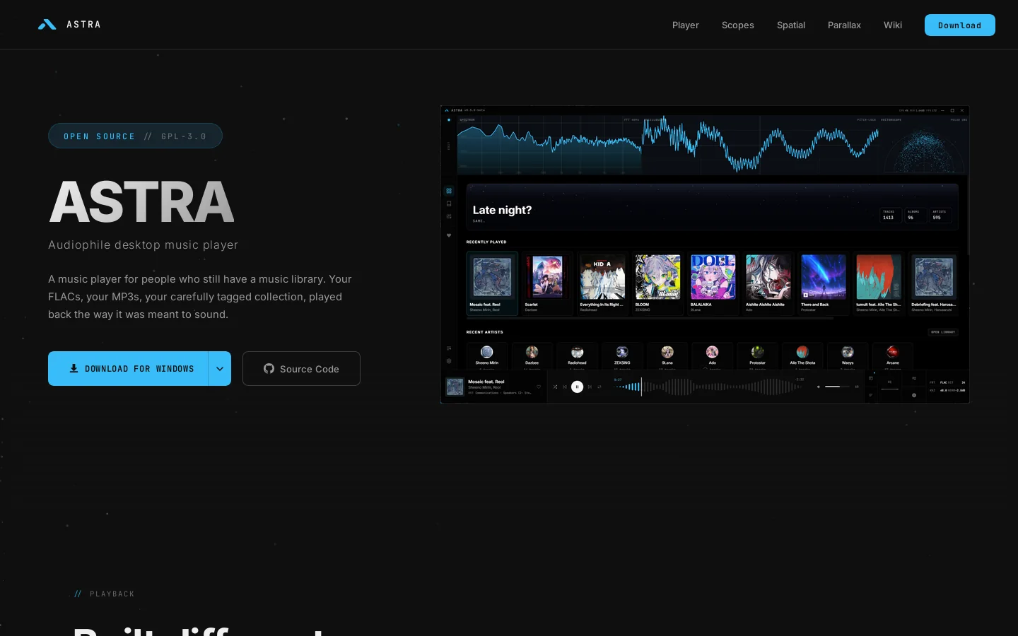 Astra - Audiophile Music Player Homepage screenshot