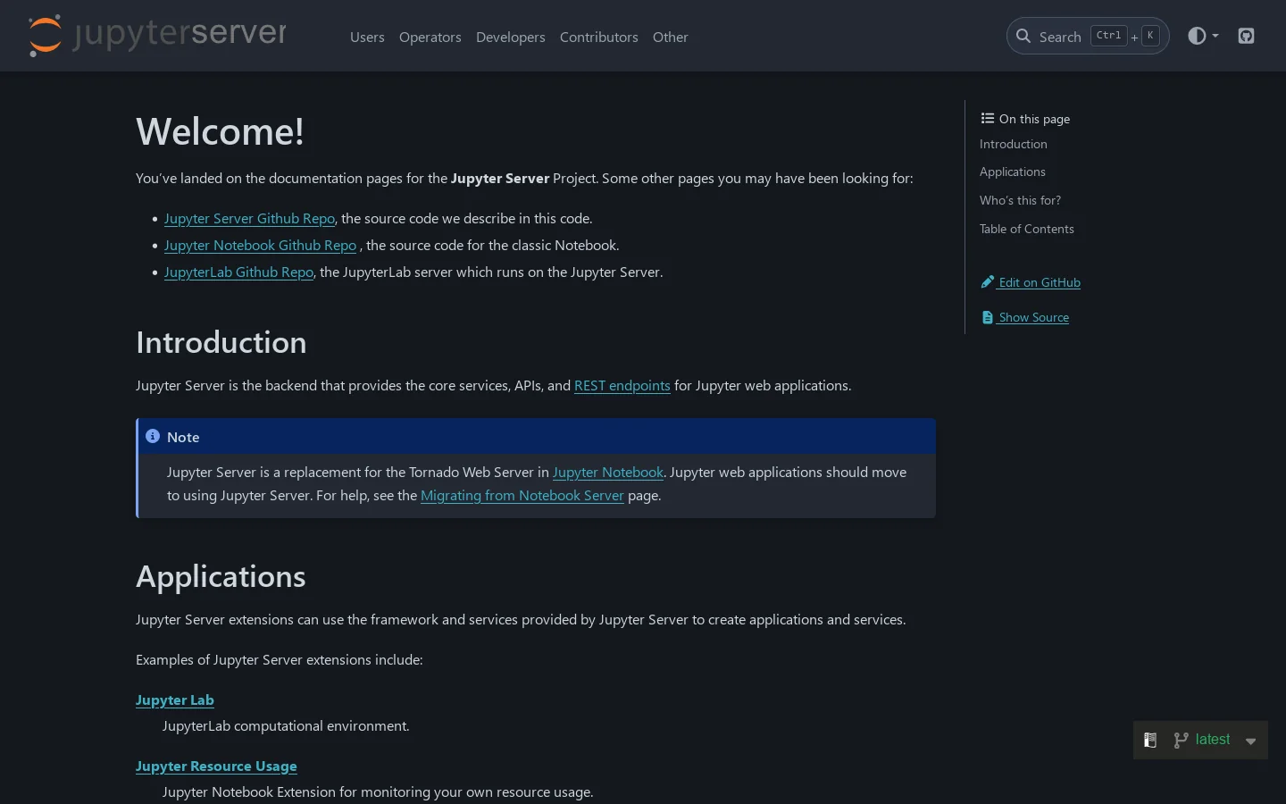 Jupyter Server documentation Homepage screenshot