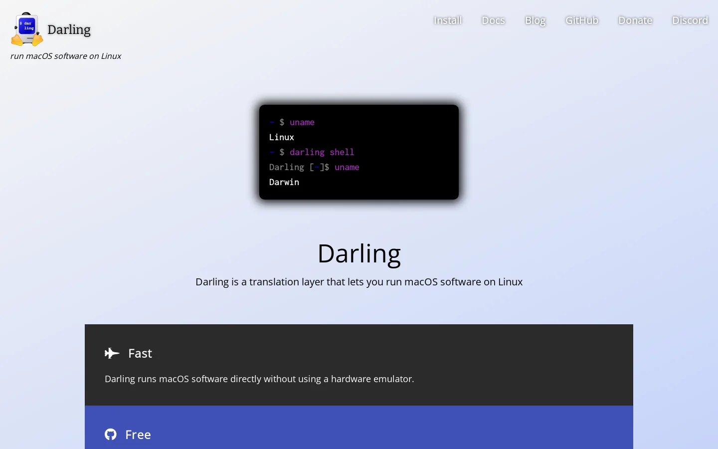 Darling | macOS translation layer for Linux Homepage screenshot