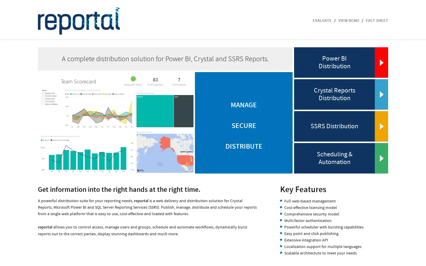Reportal: Power BI, Crystal Reports and SQL Server Reporting Services (SSRS) Reports Web Publishing and Distribution Server, Viewer and Scheduling Portal Homepage screenshot
